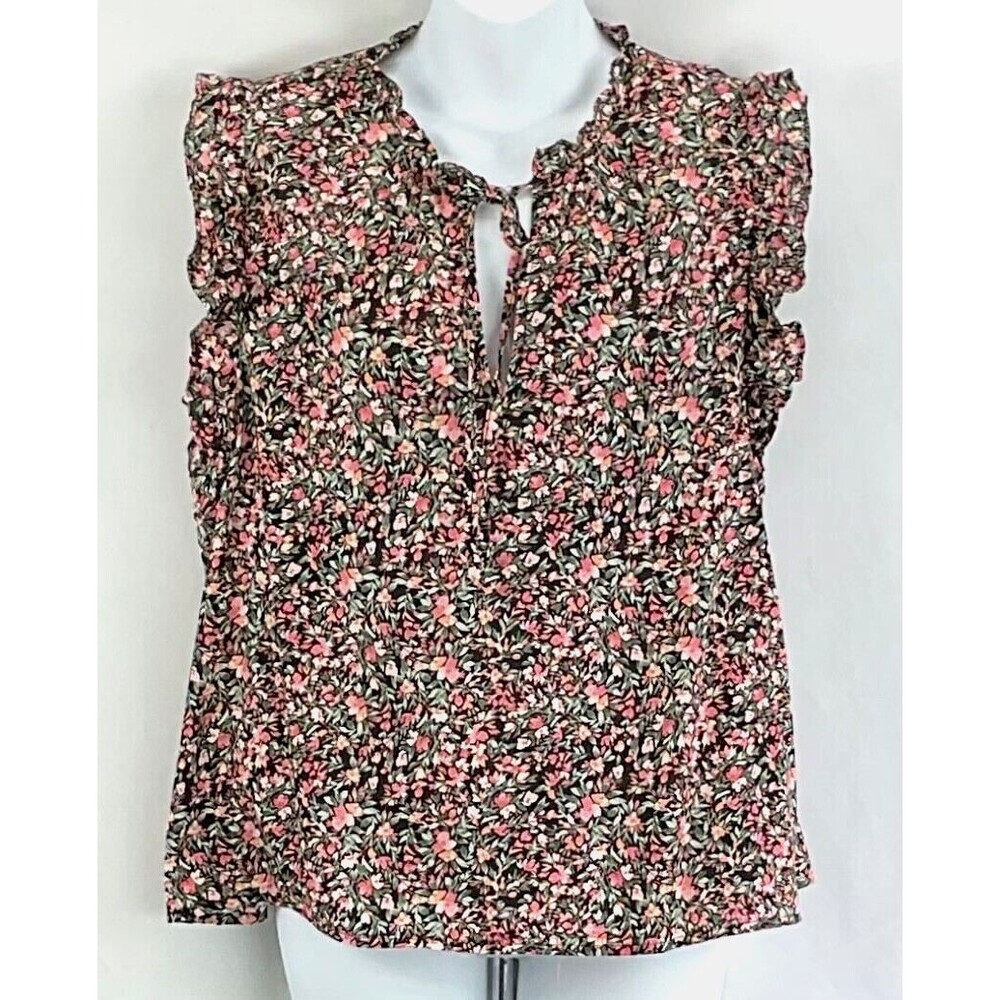 Vintage Steve Madden Sleeveless Top XL Floral Ruffle KeyHole Boho Cottage Hippie